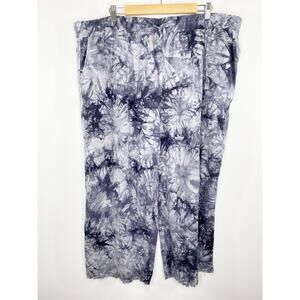 Royalty Collection Blue Tie Dye Linen Blend Raw Hem Pants Women's Plus Size 3X